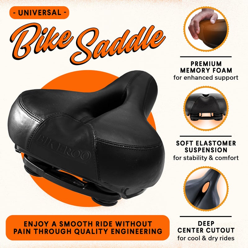 Bikeroo Comfort Saddle for Women & Men - Universal Fit Indoor & Outdoor Bicycles - Center Cutaway for Weight Distribution, Prostate Pressure Relief - Memory Foam - Black - Image 2